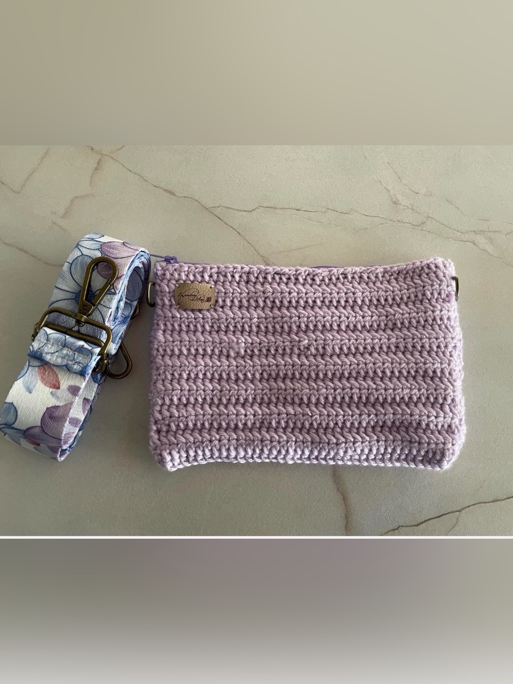 Hand Crafted Lavender Crochet Crossbody Bag with Floral Strap